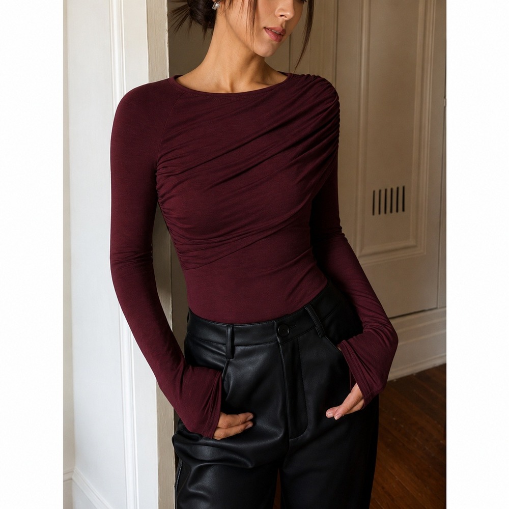 Commense Burgundy Draped Asymmetrical Long Sleeve Jersey Top Size L